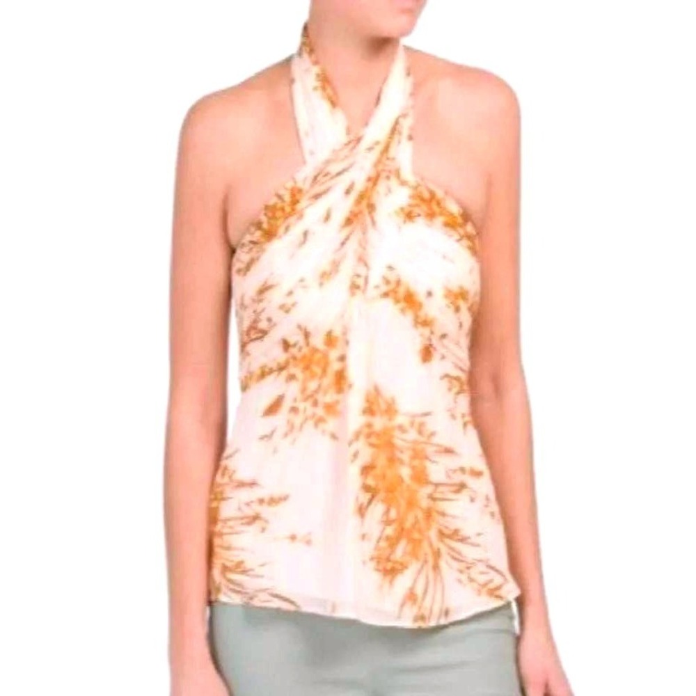 Joie Halter Top Womens 4 Peach Cream Floral Pleated Silk Blend Sleeveless